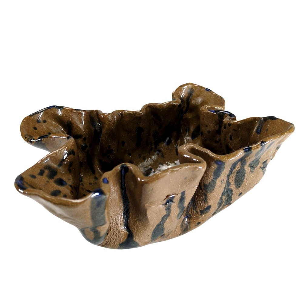 Signed Studio Art Pottery NC Brown Blue Drip Ruffled Centerpiece Bowl 9"